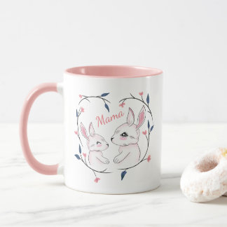 kawaii mum rabbit and her bunny with flowers mug