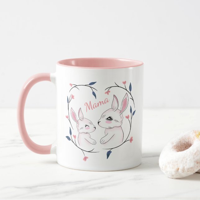 kawaii mum rabbit and her bunny with flowers mug (With Donut)