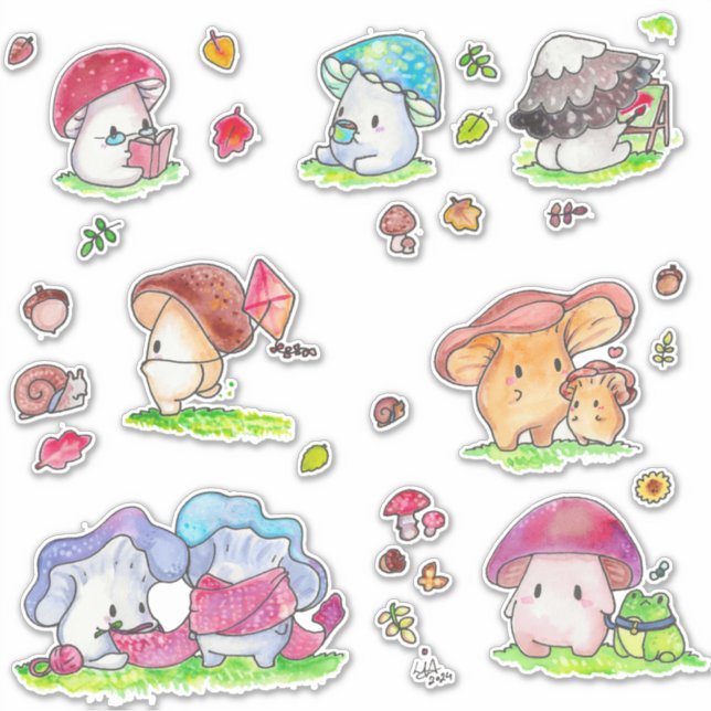 Kawaii Mushroom Friends Sticker Assortment (Front)