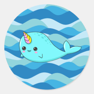 Kawaii Narwhal on Blue Waves Sticker