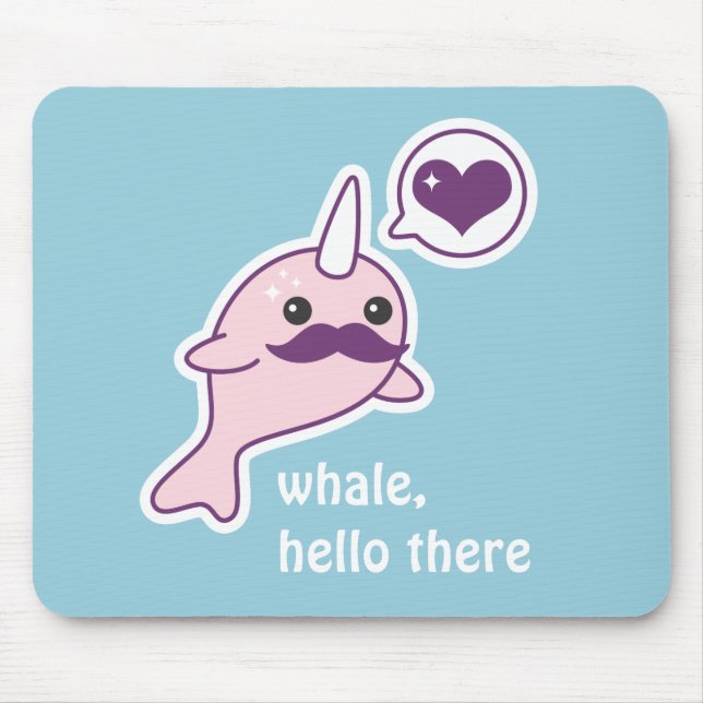 Kawaii Narwhal with Moustache Mouse Mat (Front)