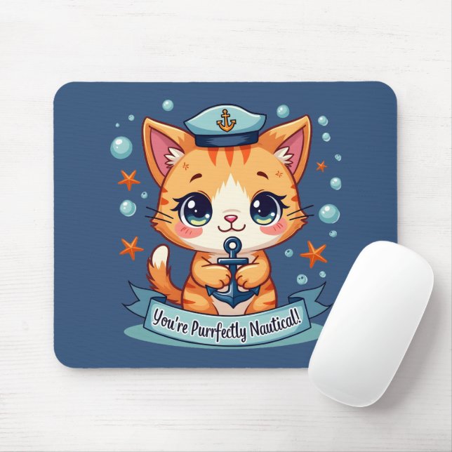 Kawaii Nautical Cat Sailing Anchor Pun Mouse Mat (With Mouse)