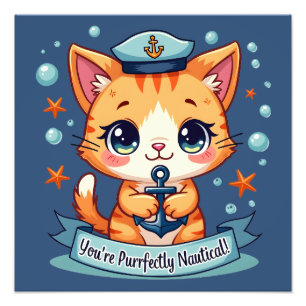Kawaii Nautical Cat Sailing Anchor Pun  Photo Print