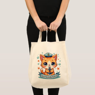 Kawaii Nautical Cat Sailing Anchor Pun Tote Bag