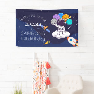 Kawaii navy blue space astronaut theme party banner