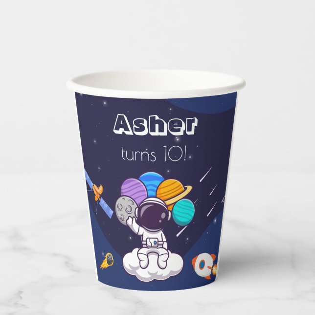 Kawaii navy blue space astronaut theme party  paper cups (Front)