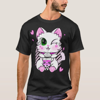 Kawaii Neko Cat Pink Tapioca Boba Kitty Bubble Tea T-Shirt