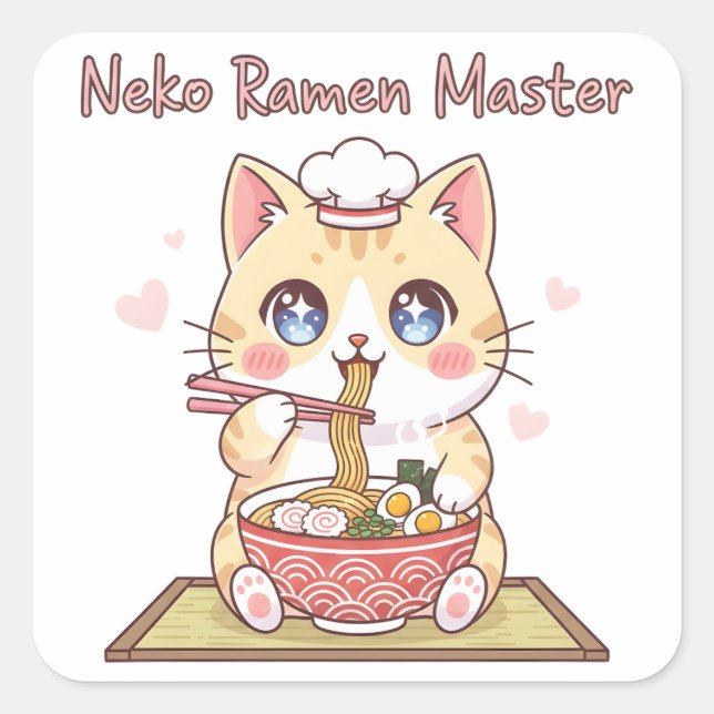 Kawaii Neko Ramen Master Cute Cat Food Chef Square Sticker (Front)
