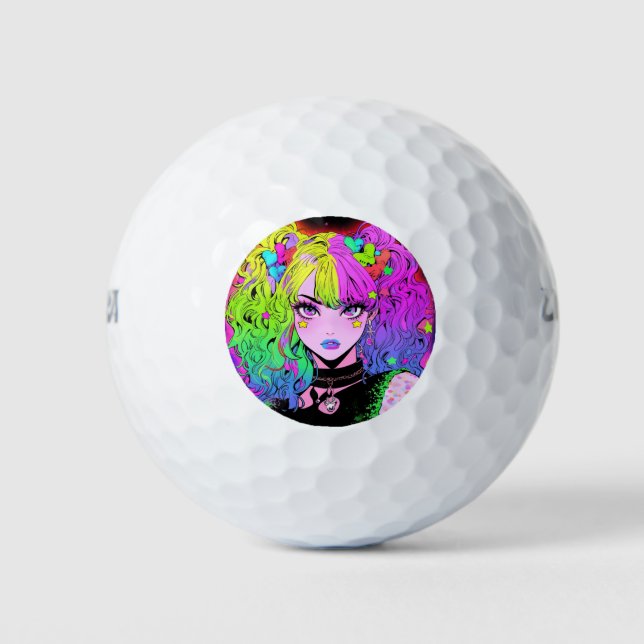 Kawaii Neon Rainbow Pigtails Bangs Anime Girl Golf Balls (Front)