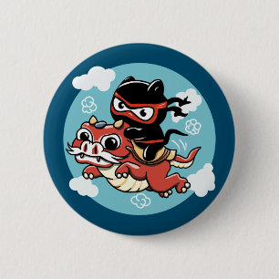 Kawaii Ninja Cat Riding a Red Dragon 6 Cm Round Badge