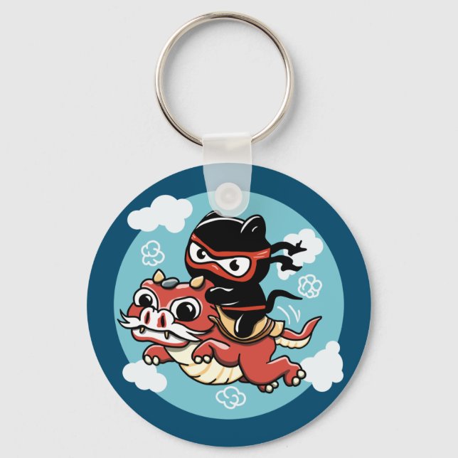 Kawaii Ninja Cat Riding a Red Dragon Key Ring (Front)