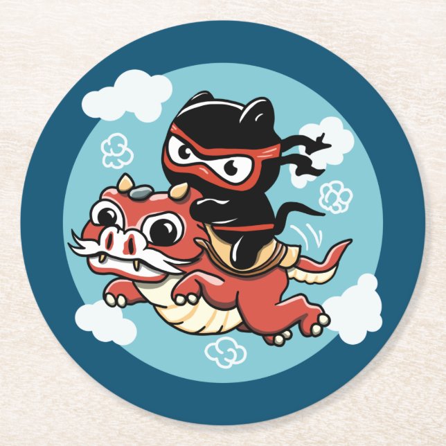 Kawaii Ninja Cat Riding a Red Dragon Round Paper Coaster (Front)