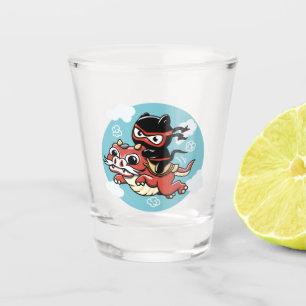 Kawaii Ninja Cat Riding a Red Dragon Shot Glass