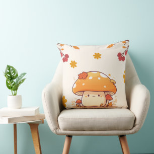 Kawaii Orange Cute Mushroom Illustration Cushion