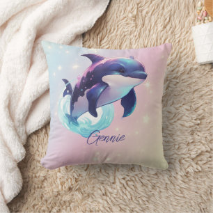 Kawaii Orca Killer Whale Personalised Blue & Pink Cushion