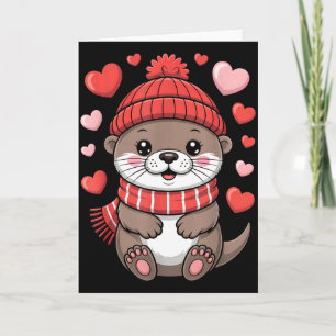 Kawaii Otter Valentines Day Hearts Winter Scarf Card