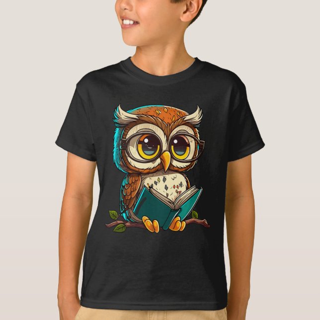Kawaii Owl Reads Book Reading Bookworm Library Boo T-Shirt (Front)