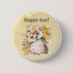 kawaii owl with warm leaves background 6 cm round badge