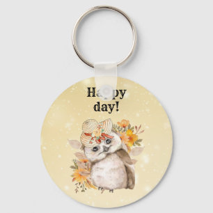 kawaii owl with warm leaves background key ring