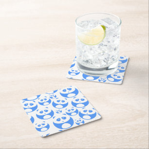 Kawaii Panda Baby Blue and WhitePattern Square Paper Coaster