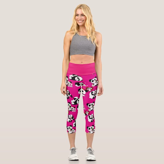Kawaii Panda Baby Cute Pink High Waist Yoga Capri Leggings (Front)
