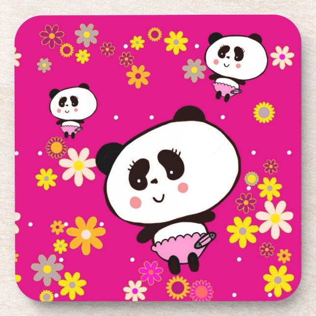 Kawaii Panda Bear Baby Girly Doodles by LeahG Coaster (Front)