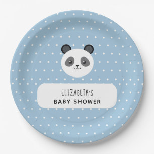 Kawaii Panda Blue Boy Polka Dots Baby Shower Paper Plate