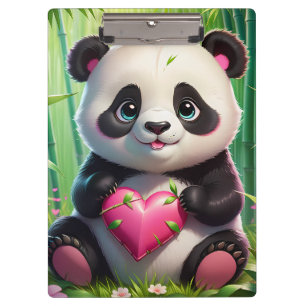 Kawaii Panda Holding Heart in a Bamboo Forest Clipboard