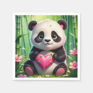 Kawaii Panda Holding Heart in a Bamboo Forest Napkin
