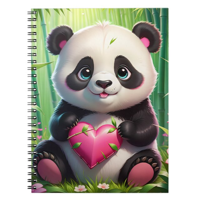 Kawaii Panda Holding Heart in a Bamboo Forest Notebook (Front)