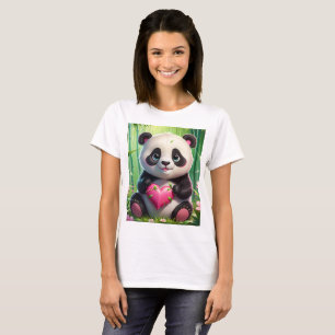 Kawaii Panda Holding Heart in a Bamboo Forest T-Shirt