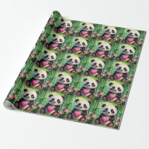 Kawaii Panda Holding Heart in a Bamboo Forest Wrapping Paper