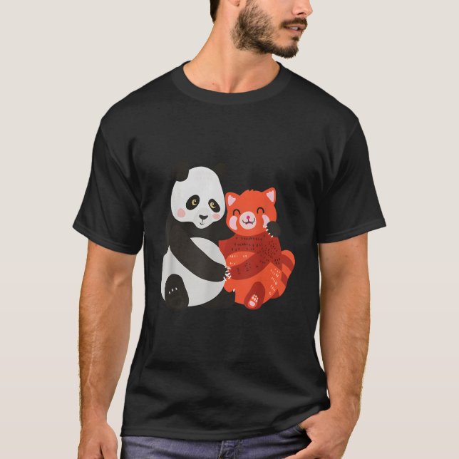 Kawaii Panda Hugging Red Panda T-Shirt (Front)