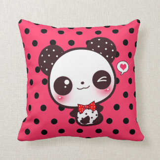 Kawaii panda on black polka dots cushion