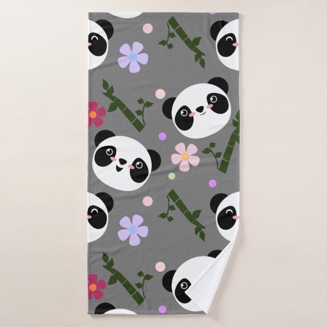 Kawaii Panda on Grey Bath Towel (Bath Towel)