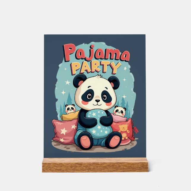 Kawaii Panda Pajama Party Cosy Sleepover Aesthetic Acrylic Sign (Front)