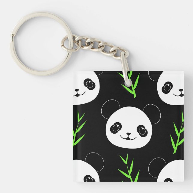 Kawaii Panda Pattern Bamboo In Black White Green Key Ring (Front)