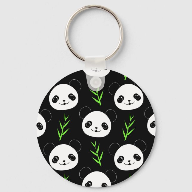 Kawaii Panda Pattern Bamboo In Black White Green Key Ring (Front)