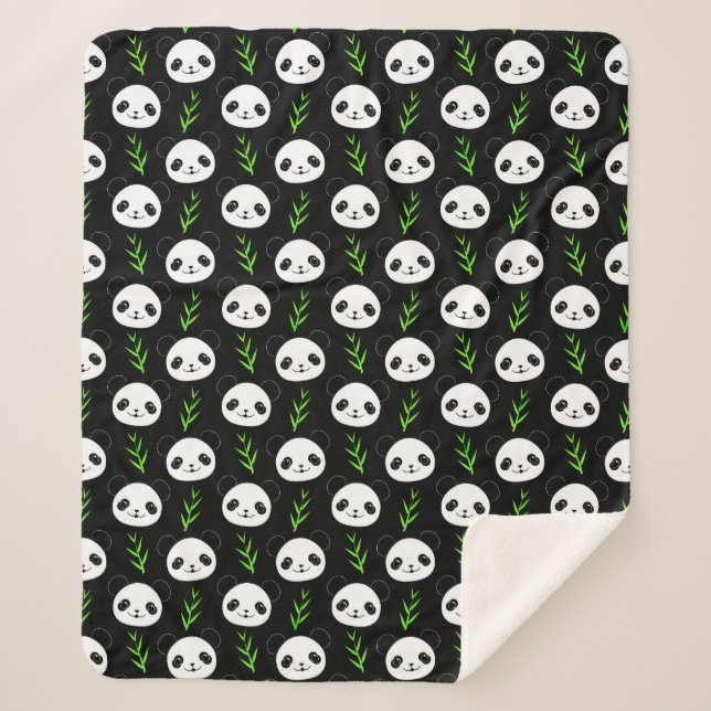 Kawaii Panda Pattern Bamboo In Black White Green Sherpa Blanket (Front)