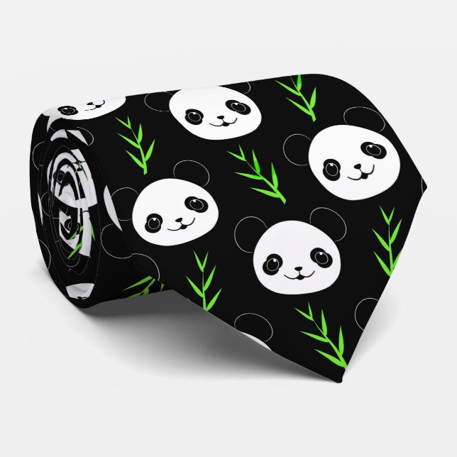 Kawaii Panda Pattern Bamboo In Black White Green Tie (Rolled)
