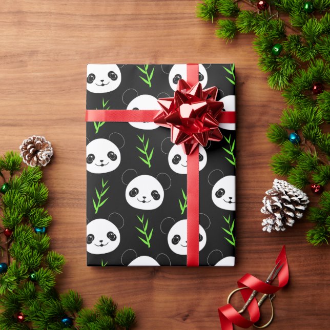 Kawaii Panda Pattern Bamboo In Black White Green Wrapping Paper (Holiday Gift)