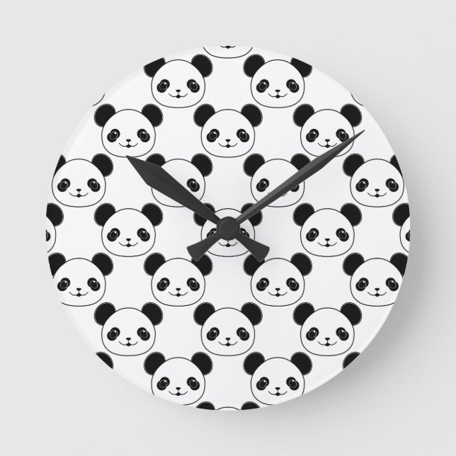 Kawaii Panda Pattern In Black And White Round Clock (Front)