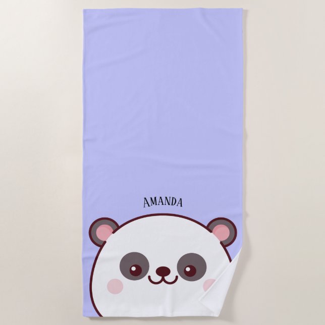 Kawaii Panda Personalised Kids Purple  Beach Towel (Front)