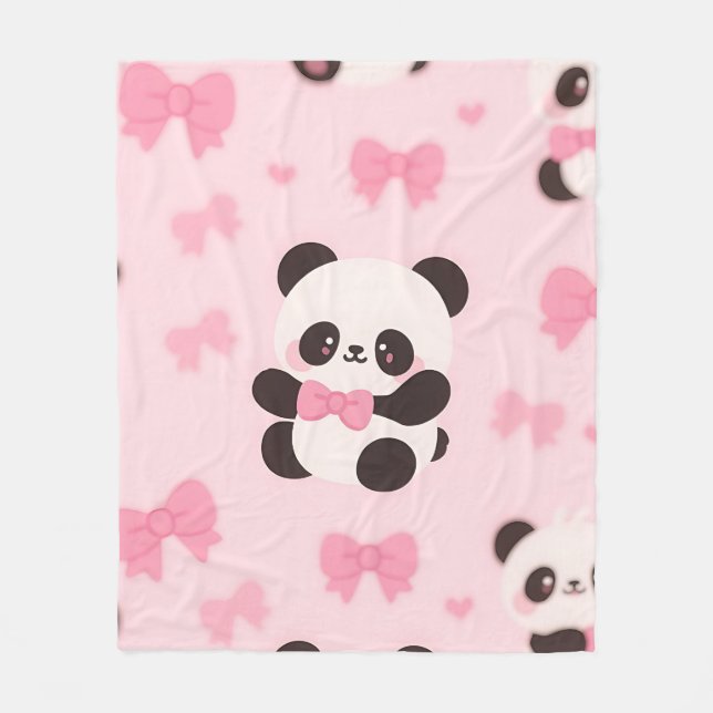 Kawaii Panda Pink Bow Pattern Fleece Blanket (Front)