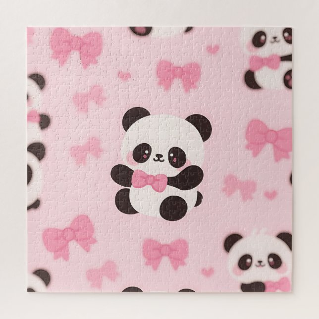 Kawaii Panda Pink Bow Pattern Jigsaw Puzzle (Vertical)