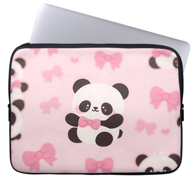 Kawaii Panda Pink Bow Pattern Laptop Sleeve (Front)