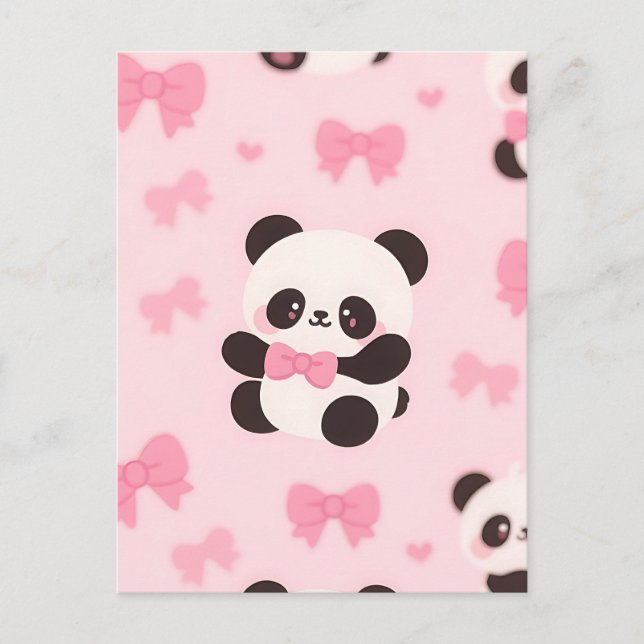 Kawaii Panda Pink Bow Pattern Postcard (Front)