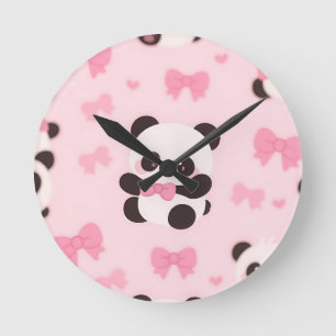 Kawaii Panda Pink Bow Pattern Round Clock
