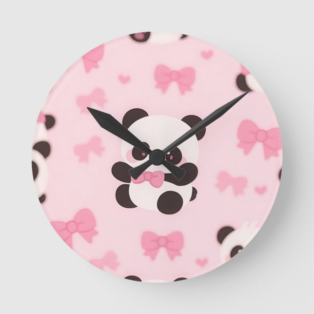 Kawaii Panda Pink Bow Pattern Round Clock (Front)