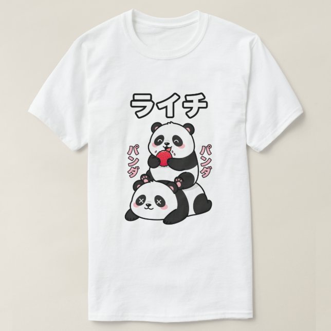 Kawaii Panda Stack Lychee Fruit Japanese Cartoon T-Shirt (Design Front)